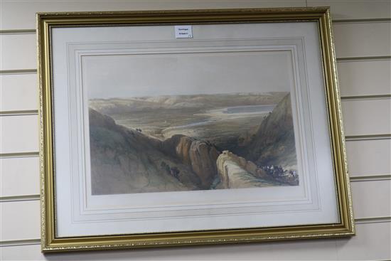 After David Roberts, 2 colour lithographs, Descent upon The Valley of Jordan and Remains of a Triumphant Arch at Petra overall 40 x 53c